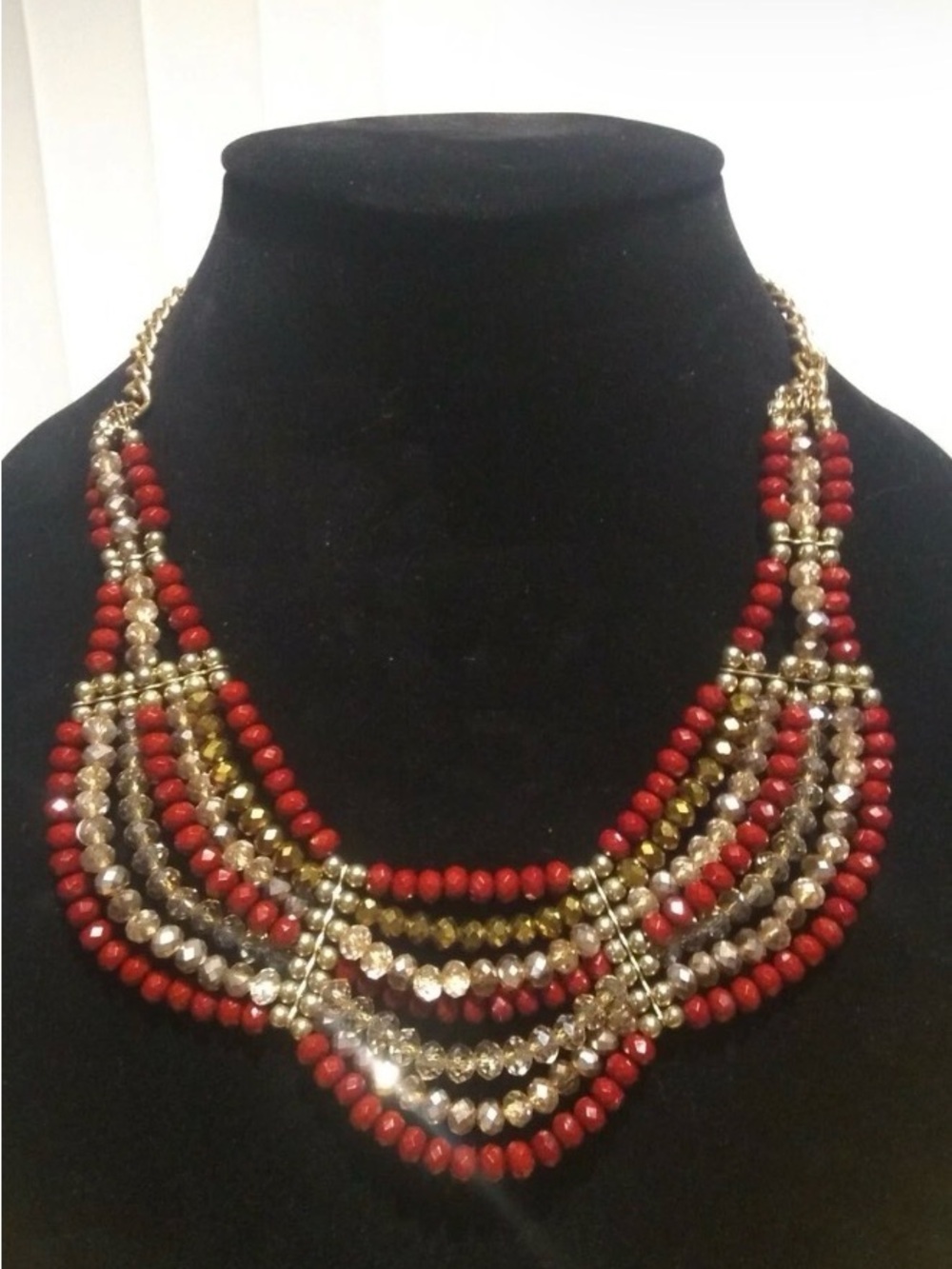 Statement Piece Red and Gold Multi-Strand Necklace acrylic and glass beads